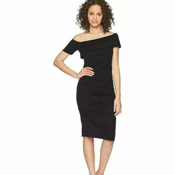 Nicole Miller Black Off Shoulder Sheath Dress - Picture 1 of 7